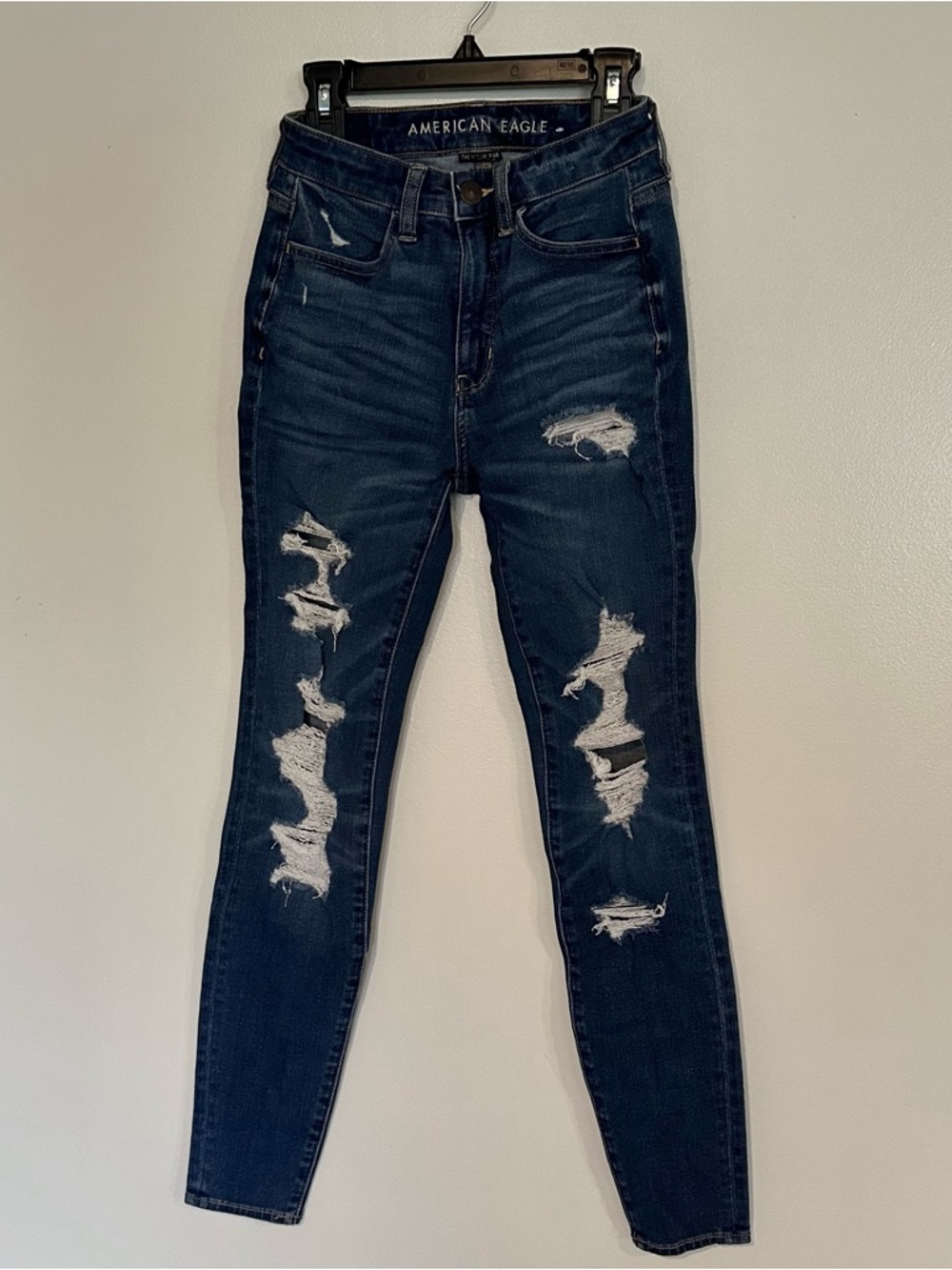 American Eagle Dark Blue Distressed Skinny Jeans Jegging 00 AEO